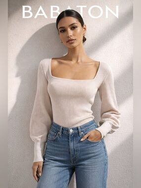 Babaton Gideon Sculpted Rib Knit Square Neck Top Puffed Long Sleeves Sweater